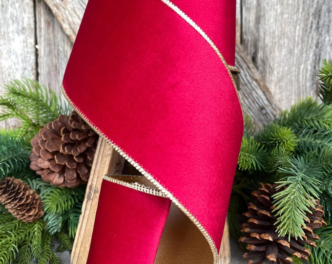 4" Red Gold Velvet Ribbon, Red Velvet Ribbon, Christmas RIbbon, Red and Gold Velvet Ribbon, Designer Ribbon, Christmas