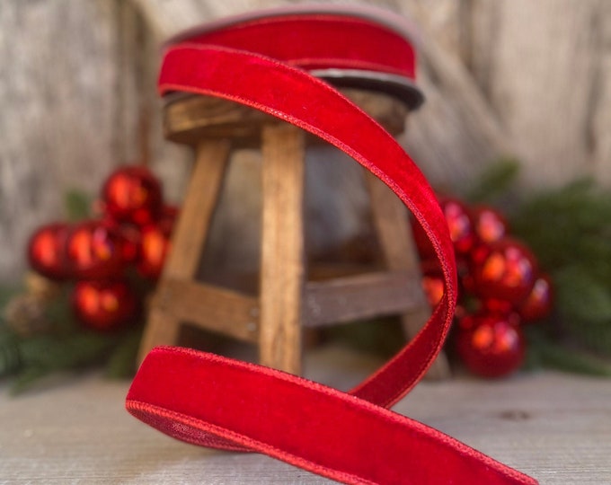 1" Red Velvet Luster Wired Ribbon, Farrisilk Ribbon, Velvet Ribbon, Red Velvet Ribbon, Christmas Ribbon, Wired Ribbon, Holiday Decor