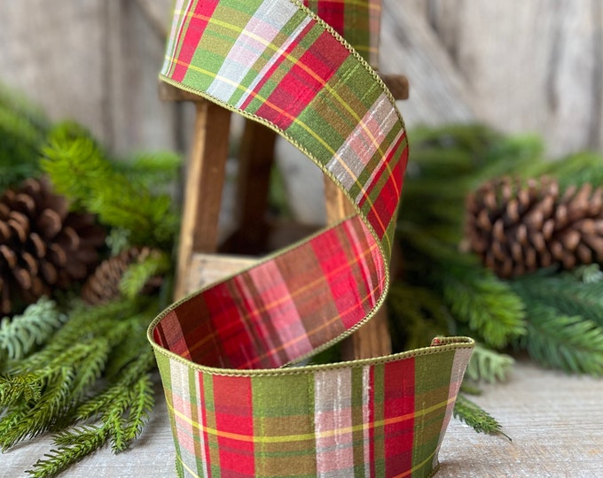 2.5" Red Green Elfy Plaid by Farrisilk, Christmas Ribbon, Wired Ribbon, Designer Ribbon, Wreath Supply, Christmas Tree Decorating