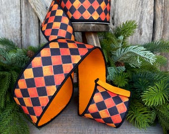 2.5" Orange Harlequin Ribbon, Farrisilk Ribbon, Orange Sketch Checks, Halloween Ribbon, Wired RIbbon,Designer Ribbon, HR044-52