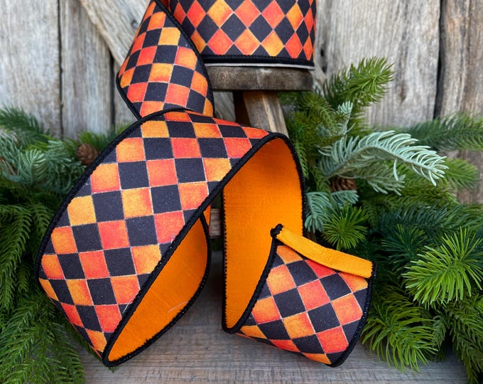 2.5" Orange Harlequin Ribbon, Farrisilk Ribbon, Orange Sketch Checks, Halloween Ribbon, Wired RIbbon,Designer Ribbon, HR044-52