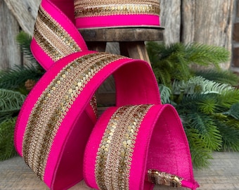2.5" Hot Pink Gold Ribbon, Farrisilk Ribbon, Hot Pink Christmas Ribbon, Gilded Hearts Ribbon, SR112-15