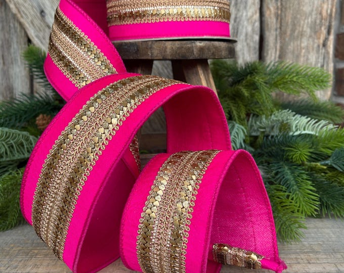 2.5" Hot Pink Gold Ribbon, Farrisilk Ribbon, Hot Pink Christmas Ribbon, Gilded Hearts Ribbon, SR112-15
