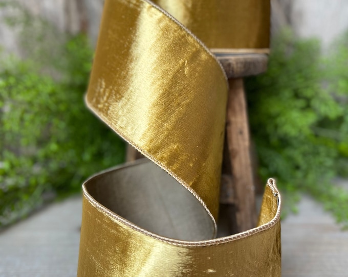 4" Gold velvet Ribbon, Farrisilk ribbon, Gold ribbon, Wired Ribbon, Wreath Supply, Christmas tree Ribbon, Everyday Ribbon, RV003-50