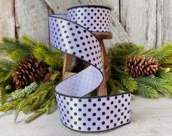 2.5" White & Black Mini Dots, Farrisilk Ribbon, Polka Dot RIbbon, Wired Ribbon, Designer RIbbon, Farrisilk Wired Ribbon, Black Polka Dots