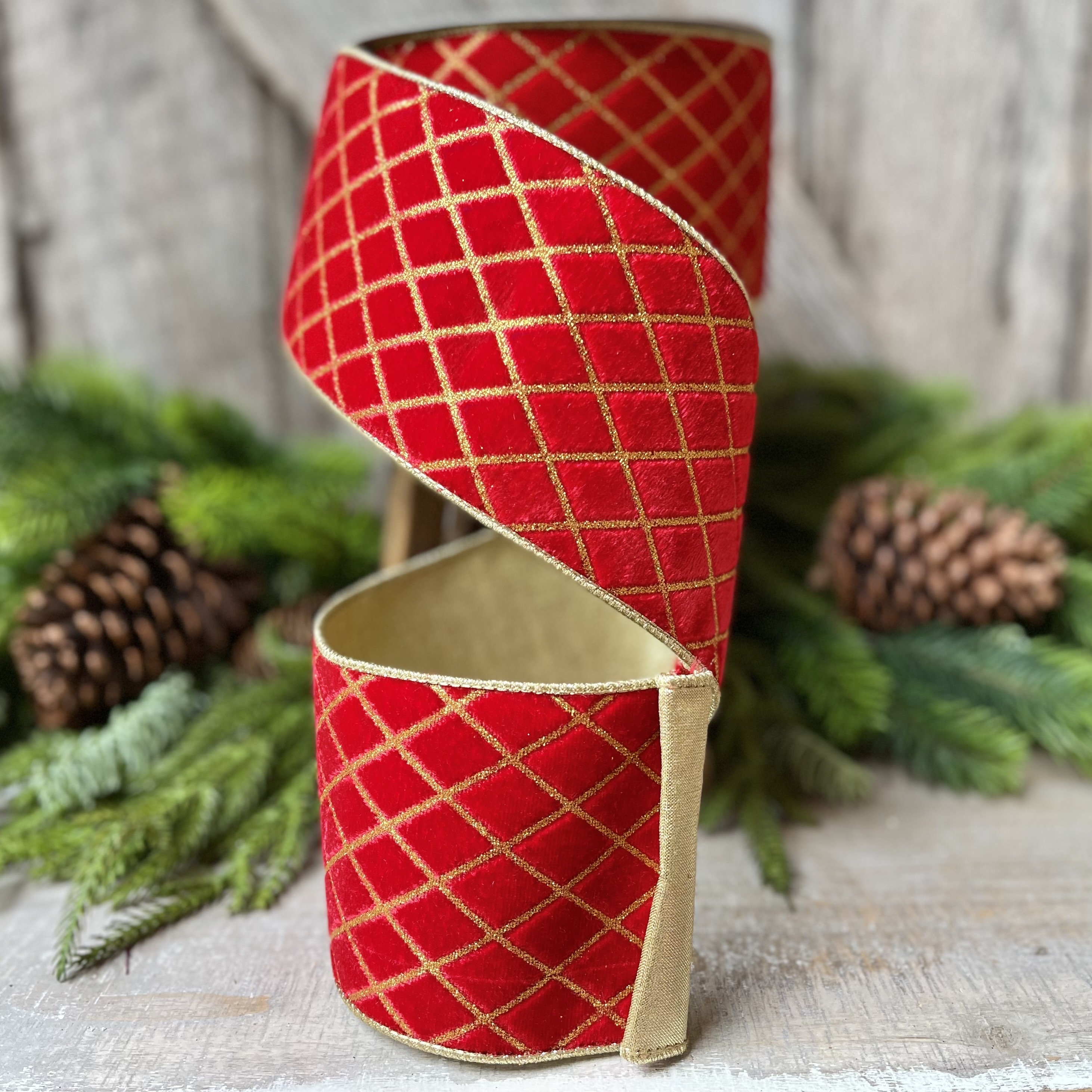 4 Red Gold Velvet Metallic Diamonds Ribbon, Farrisilk Ribbon, Red ...