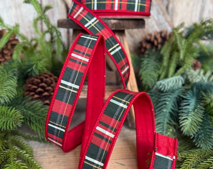 1" Red Green Plaid Ribbon, Farrisilk Ribbon, Christmas Plaid Ribbon, RM001-29