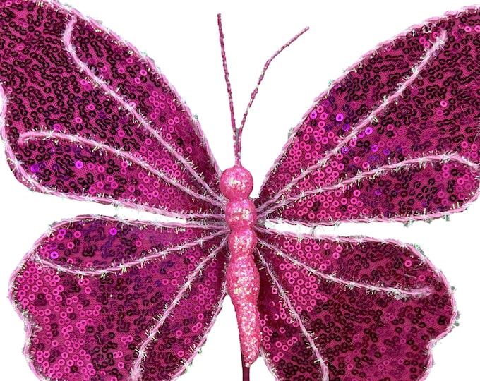 10" Pink Sequin Butterfly Pick, Spring Decor, Butterfly Decor, Butterfly Wreath Attachment, Pink butterfly decor, 63578BT