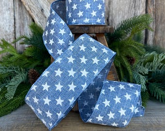 2.5" Patriotic Ribbon, Wired Ribbon, Star Ribbon, Denim Blue Ribbon, 4th of July Ribbon,