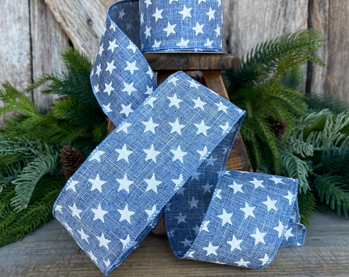 2.5" Patriotic Ribbon, Wired Ribbon, Star Ribbon, Denim Blue Ribbon, 4th of July Ribbon,