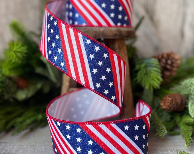 2.5" Stars and Stripes Patriotic Ribbon by Farrisilk, Patriotic Wired Ribbon, American Ribbon, 4th of July ribbon, Americana Decor