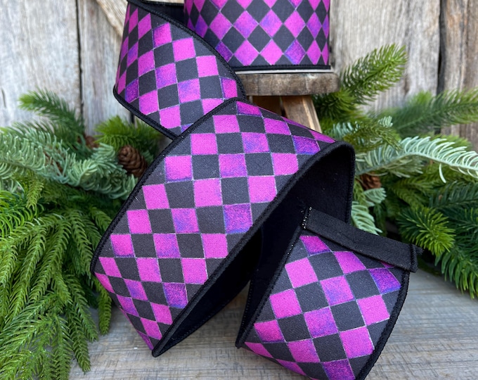 2.5" Purple Harlequin Ribbon, Farrisilk Ribbon, Purple Sketch Checks, Halloween Ribbon, Wired RIbbon,Designer Ribbon, HR044-27