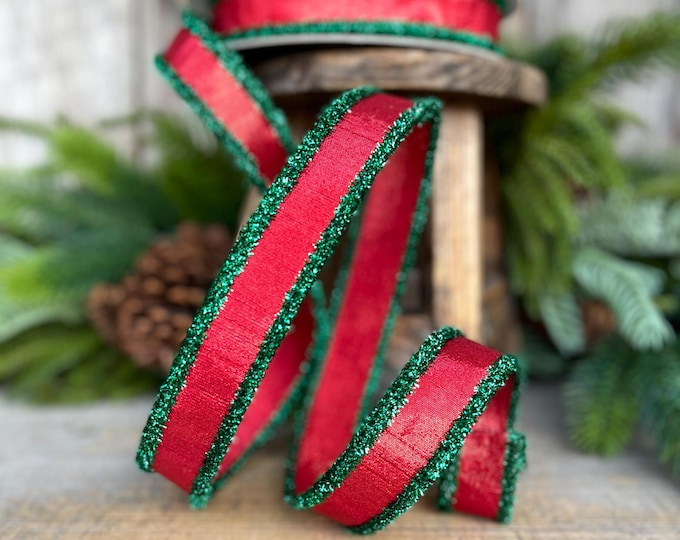 1" Red & Green Tinsel Ribbon, Christmas Ribbon, Farrisilk ribbon, 1" x 10 yards