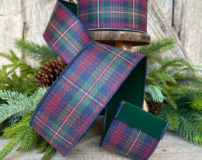 2.5" Blue Westchester Plaid Ribbon, Farrisilk Ribbon, Traditional Christmas Plaid Ribbon, Designer Ribbon, Navy Blue Tartan Plaid, RS274-32