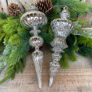 Set of 2 - 12&quot; Silver Finial Ornament, Shatterproof Ornaments, Finial Ornaments, Christmas Ornaments, Silver Christmas Ornaments
