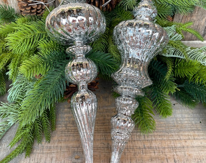 Set of 2 - 12" Silver Finial Ornament, Shatterproof Ornaments, Finial Ornaments, Christmas Ornaments, Silver Christmas Ornaments