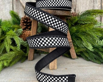 1" Black White Mini Checkered Ribbon, Farrisilk Ribbon, Check Ribbon, Narrow Ribbon, Designer RIbbon, Wreath Supply,Ribbon for Bows,RK135-92