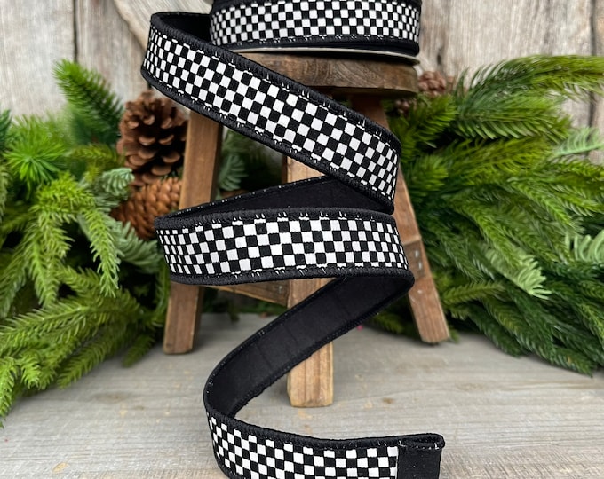 1" Black White Mini Checkered Ribbon, Farrisilk Ribbon, Check Ribbon, Narrow Ribbon, Designer RIbbon, Wreath Supply,Ribbon for Bows,RK135-92