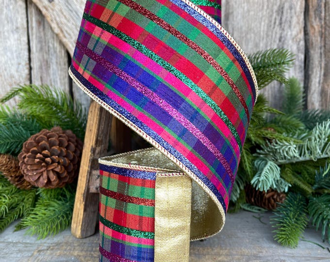 4" Christmas Glitter Plaid Ribbon, Farrisilk Ribbon, Christmas Designer Ribbon, RG796-32