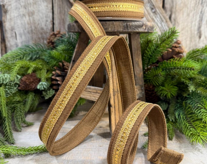 1" Pecan Twinkle Trim Ribbon, Farrisilk ribbon, Brown Jeweled RIbbon, Gold Ribbon, Brown Christmas Ribbon, Designer RIbbon, RK756-35