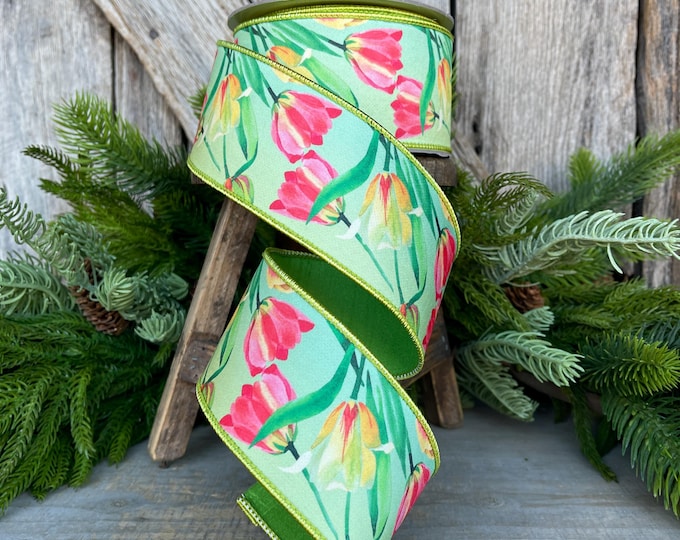 2.5" Tulip Ribbon, Wired Ribbon, Farrisilk Ribbon, Spring Tulip Ribbon, Green Tulip Ribbon, Designer Ribbon, SR063-32