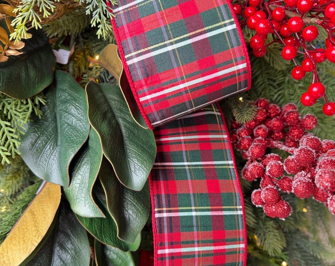 4" Red Green Plaid Ribbon, Farrisilk Ribbon, Christmas Plaid Ribbon, RM003-29