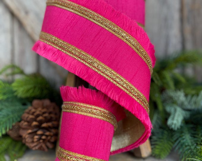 4" Hot Pink Festival Fringe Ribbon, Light Pink Christmas Ribbon, Pinkmas, Wired Ribbon, Farrisilk Ribbon, Pinkmas, Pink and Gold Ribbon