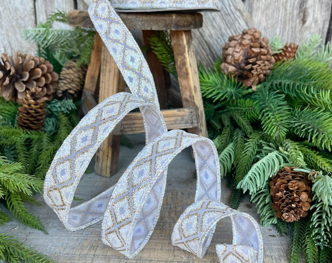 1" White Iridescent Marquise Ribbon, Farrisilk Ribbon, White Christmas RIbbon, Glitter RIbbon, Diamond Ribbon, White Ribbon, RK281-44