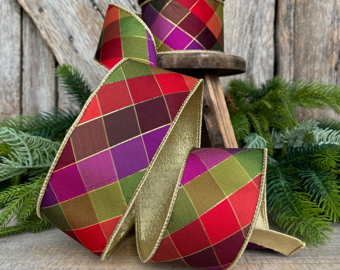 2.5" Fall Diamond Ribbon, Christmas Ribbon, Harlequin Ribbon, Jewel Tone Ribbon