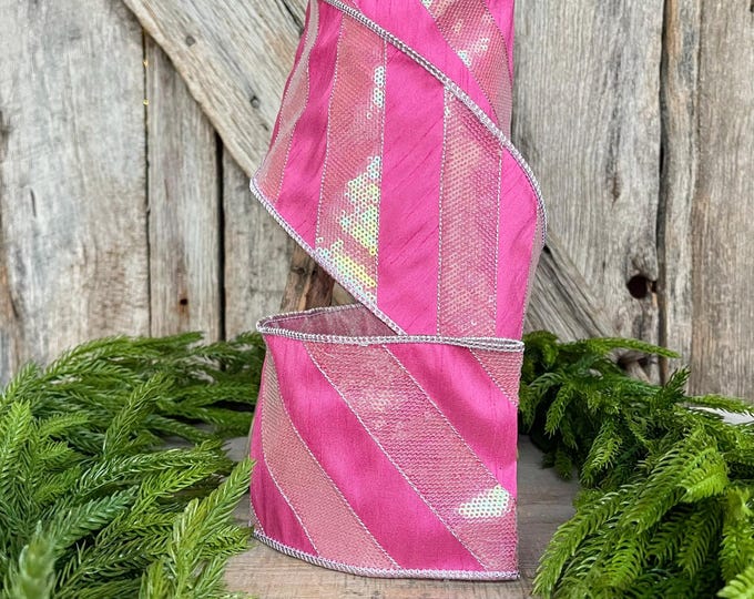 4" Hot Pink Diagonal Stripe Ribbon, Christmas Ribbon, Pinkmas Ribbon, Candy Cane Ribbon, Pink Ribbon, Pink Christmas Tree Ribbon, Wired