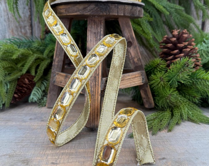 1" Gold Gemstones Ribbon, Gold Emerald Cut Ribbon by Farrisilk