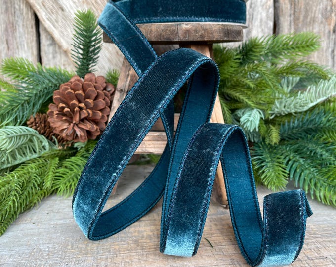 1" Dark Teal Velvet Luster RIbbon, Farrisilk Ribbon, Dark Teal Velvet RIbbon, Wired RIbbon, Designer RIbbon, Velvet Ribbon, RG008-19