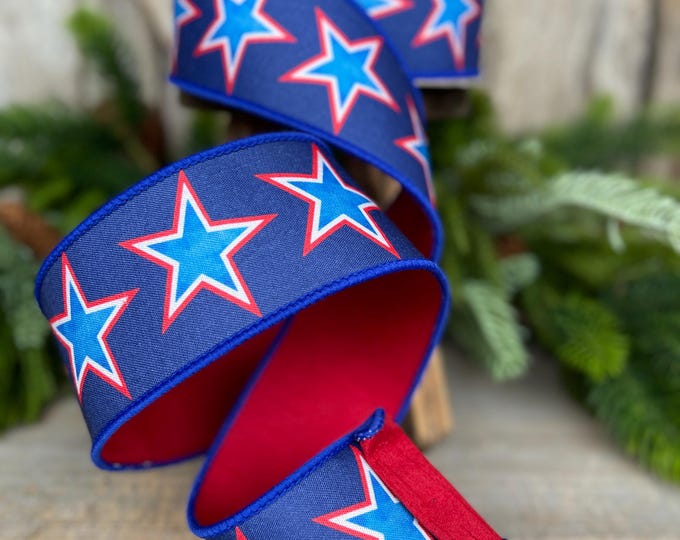 2.5" Liberty Stars Ribbon, Farrisilk Ribbon, Patriotic Ribbon, Star Ribbon, 4th of July Ribbon, Wired Ribbon, SR074-32