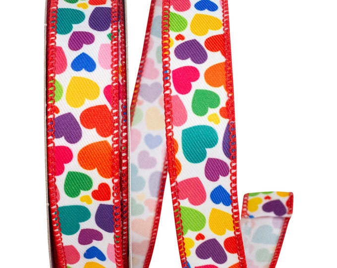 7/8" Heart Ribbon, Valentine Ribbon, Wired Ribbon, Colorful Heart Ribbon, Narrow Ribbon, Wreath Supply, Floral Supply, Ribbon for Bows
