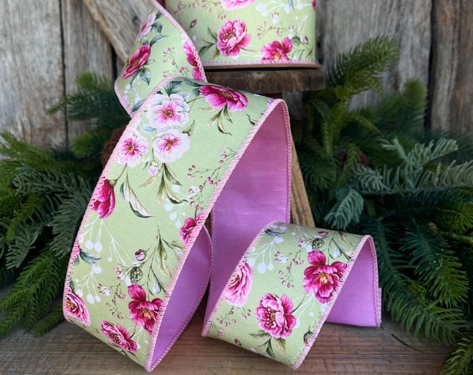 2.5" Green Pink Floral Ribbon, Spring Summer Ribbon