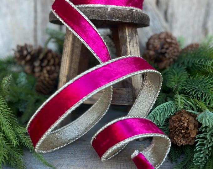 1” Hot Pink Satin Velvet, Farrisilk Velvet, Pink Velvet Ribbon, Hot Pink Ribbon, wired ribbon, velvet ribbon, 10 yards, RK661-08
