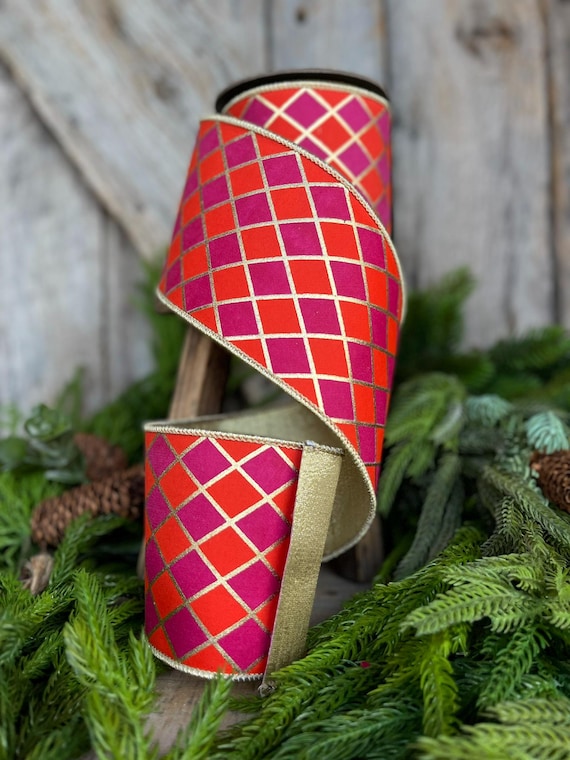 4" Orange Fuchsia Harlequin Ribbon, Diamond Ribbon, Orange Hot Pink Ribbon, Wired Ribbon, Christmas Ribbon