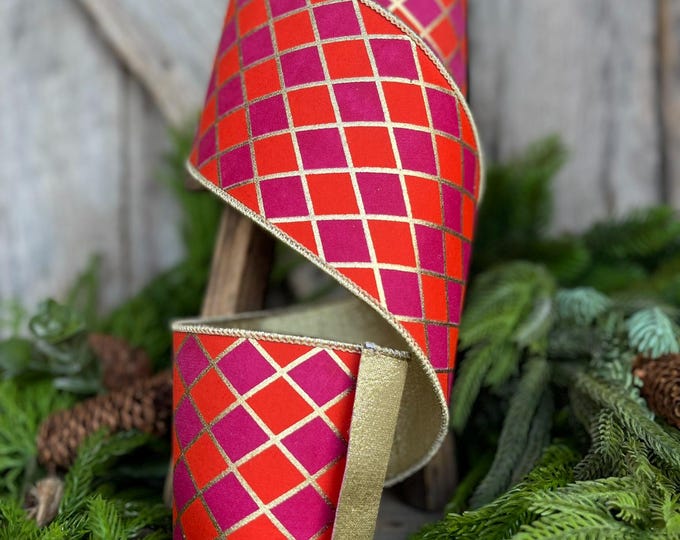 4" Orange Fuchsia Harlequin Ribbon, Diamond Ribbon, Orange Hot Pink Ribbon, Wired Ribbon, Christmas Ribbon