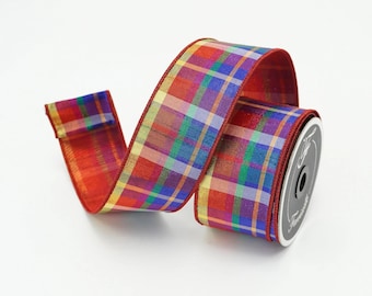 2.5" Christmas Candy Plaid Ribbon, Farrisilk Ribbon, Christmas Tree Ribbon, Wired Ribbon, Wreath Supply, Ribbon for Christmas Decorating
