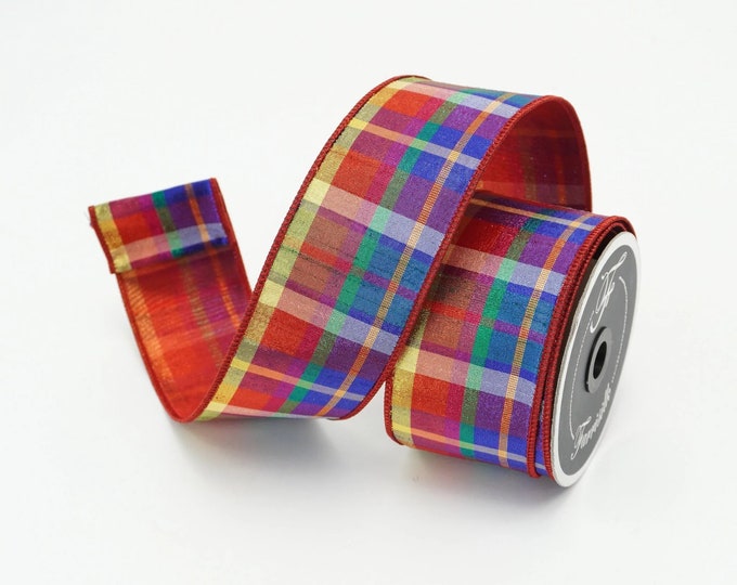 2.5" Christmas Candy Plaid Ribbon, Farrisilk Ribbon, Christmas Tree Ribbon, Wired Ribbon, Wreath Supply, Ribbon for Christmas Decorating