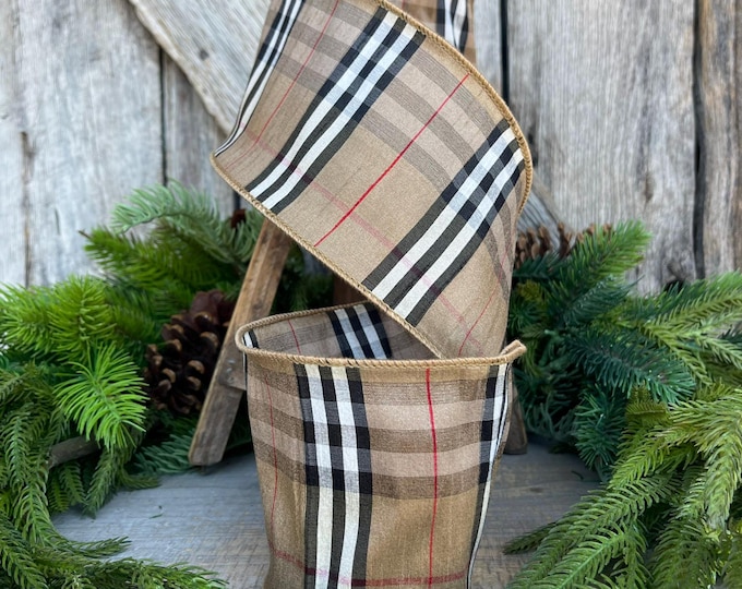 4” Burbank holiday plaid, brown black red plaid Christmas ribbon, 10 yards, designer inspired ribbon, Christmas Tree Ribbon