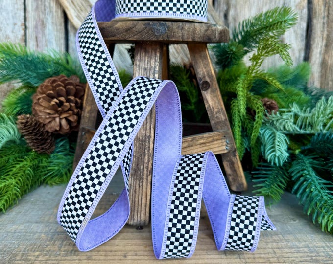 1" Black White Check Ribbon with Purple Trim