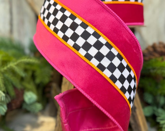 4" Halloween Ribbon, Checkered Ribbon, Hot Pink Orange Ribbon, Wired Ribbon