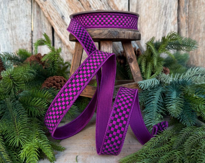 1" Purple Black  Halloween Ribbon, Farrisilk Ribbon, Kitschy Checks, RK848-86