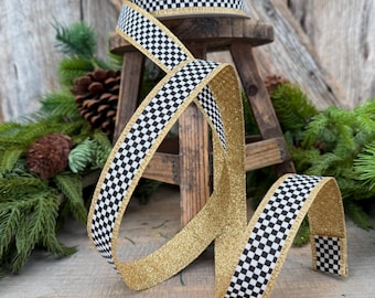 1" Black White Check Gold Glitter Wired Ribbon, 10 Yard Roll