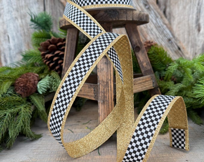 1" Black White Check Gold Glitter Wired Ribbon, 10 Yard Roll