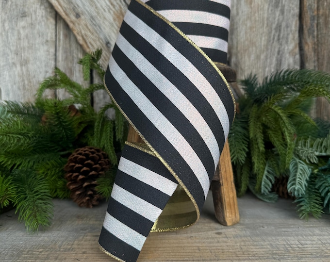 4" Black and White Sparkle Stripe Ribbon