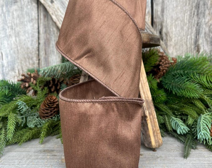 4" Brown Ribbon, Chocolate Ribbon, Brown Dupioni Ribbon, Christmas RIbbon, Woodsey THeme, Christmas Tree Ribbon