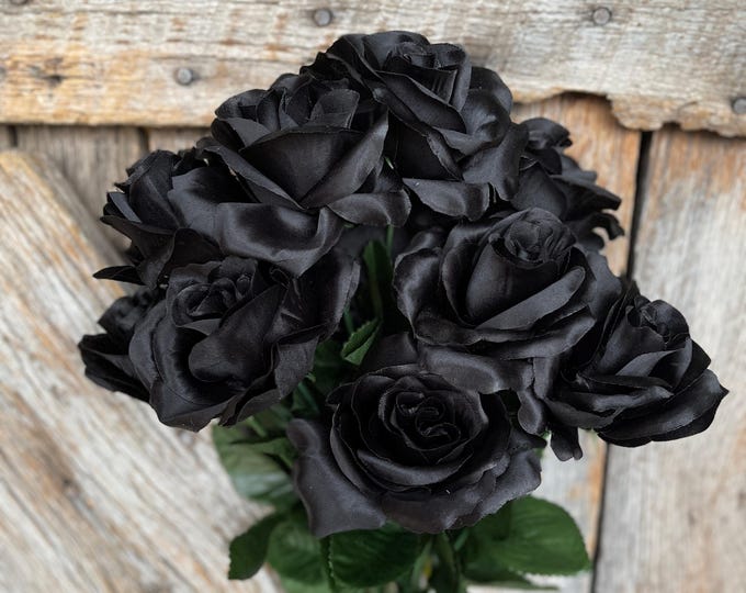 17" Black Rose Bush, Colorfast Black Roses, Artificial Roses, Halloween Florals, Halloween Black Roses, 30388BKGN