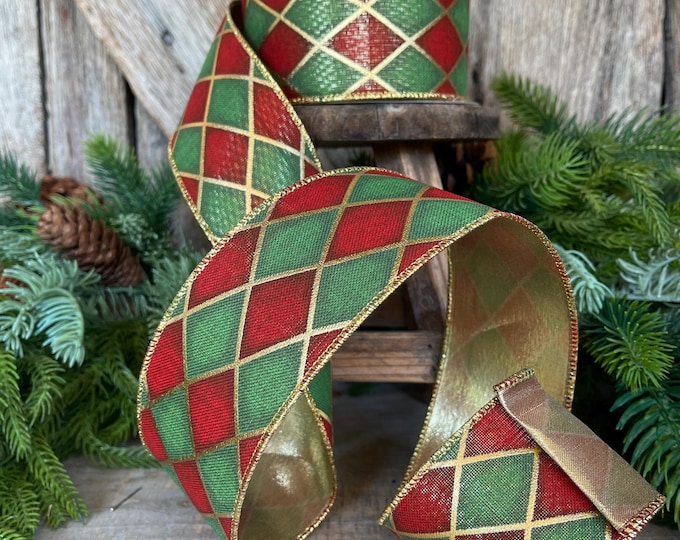 2.5" Red Green Antique Diamonds Ribbon, Farrisilk Ribbon, Harlequin Ribbon, Christmas Ribbon, Wired RIbbon, Designer Ribbon, RA239-47